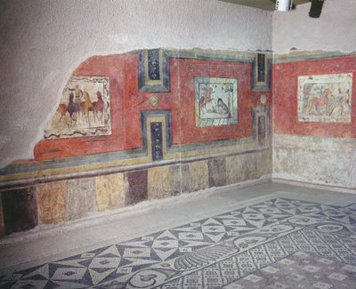 A recreation of the interior of a Roman house, with mosaic floors and wall paintings depicting circus and hunting scenes by Roman